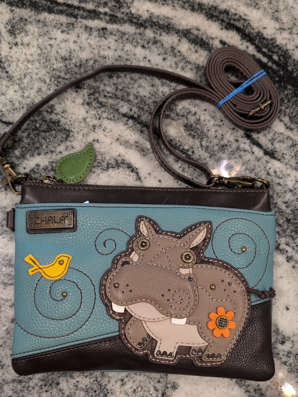 Chala Blue and Brown Hippo Applique Crossbody Bag with Yellow Bird